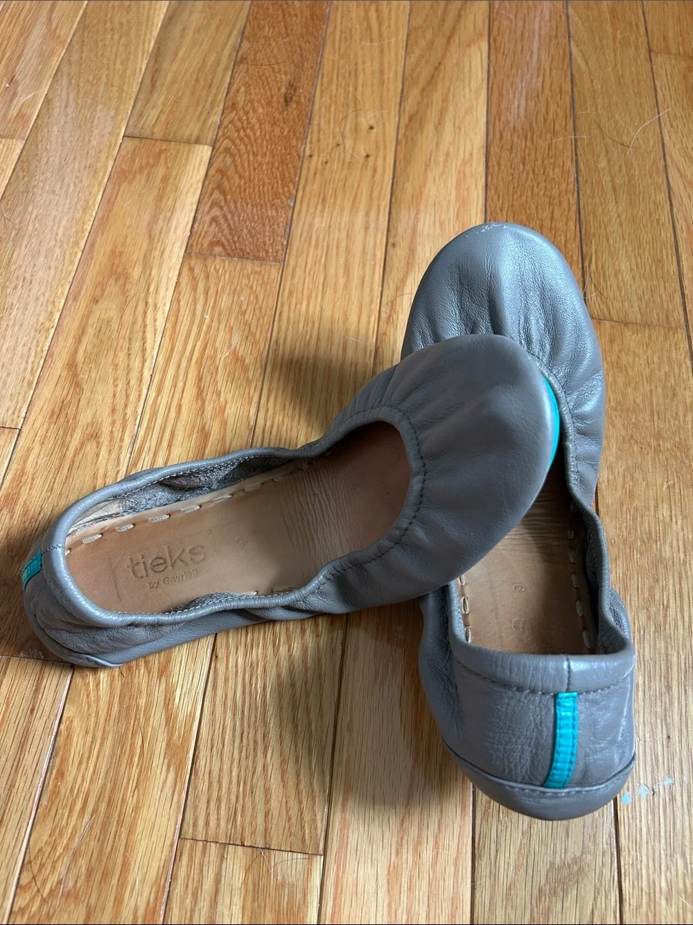 Tieks Light Brown/Khaki Leather Ballet Flats with Teal Trim - Picture 1 of 11